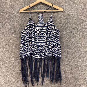 Leshop Top Women S Small Blue Geometric V-Neck Sleeveless Fringe Racerback